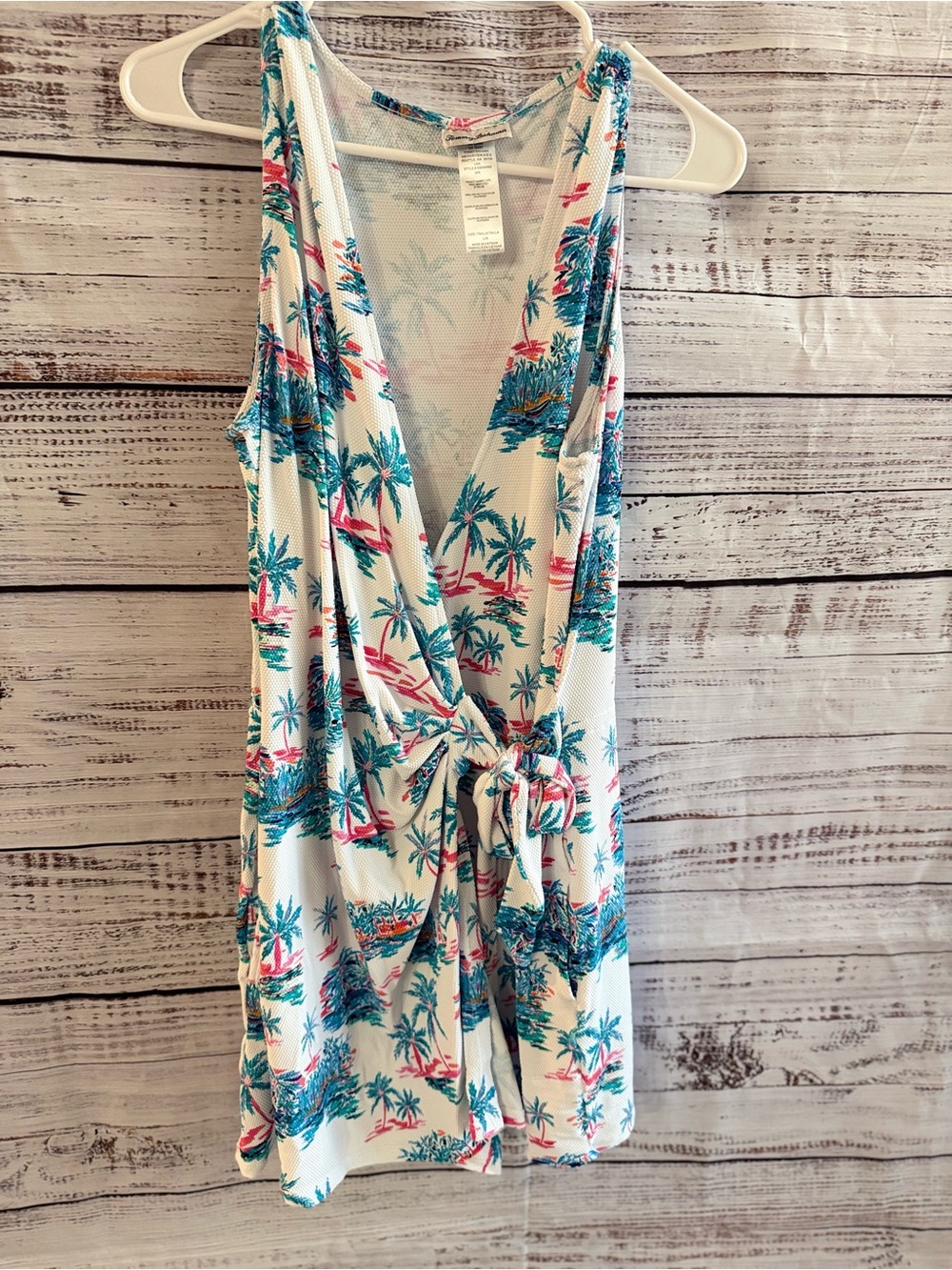 Tommy Bahama White Mini Romper with Teal and Pink Tropical Print